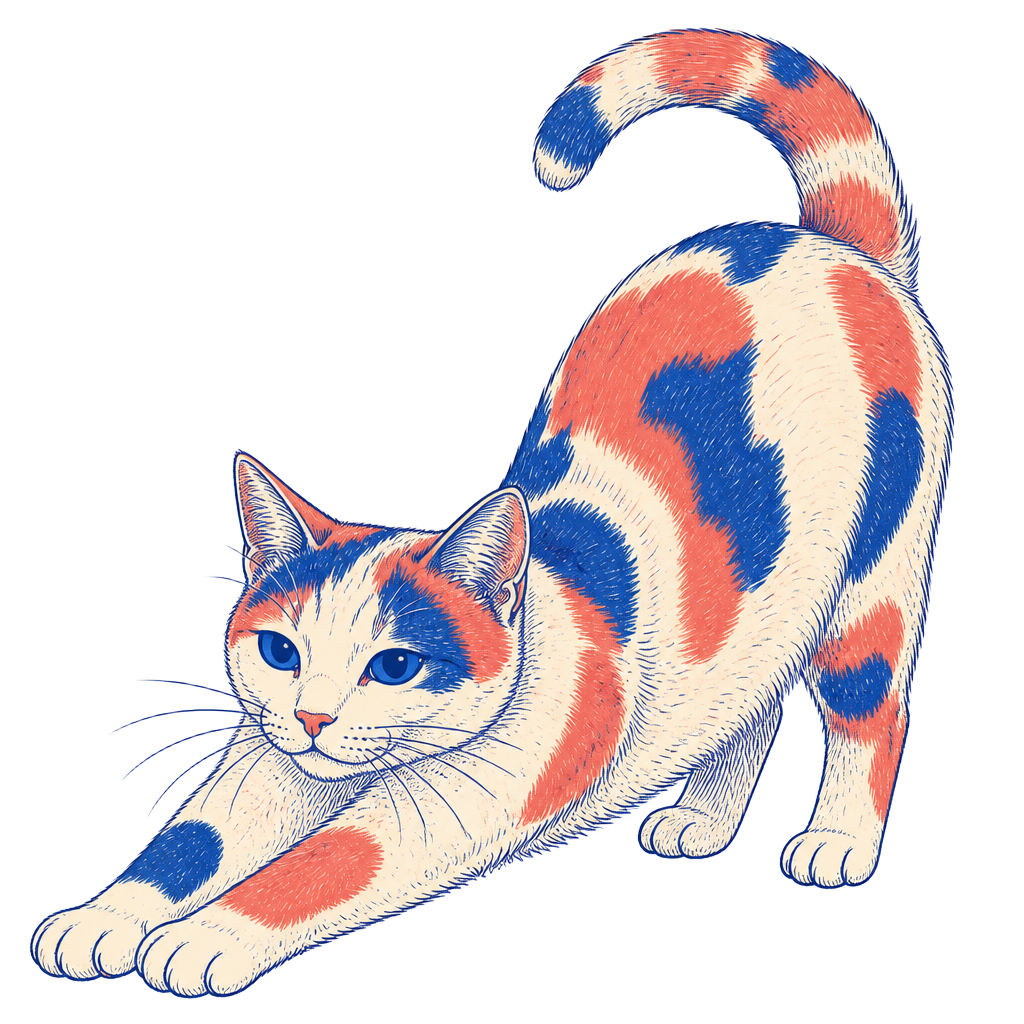 Ink drawing of a calico cat playing with a ribbon ball