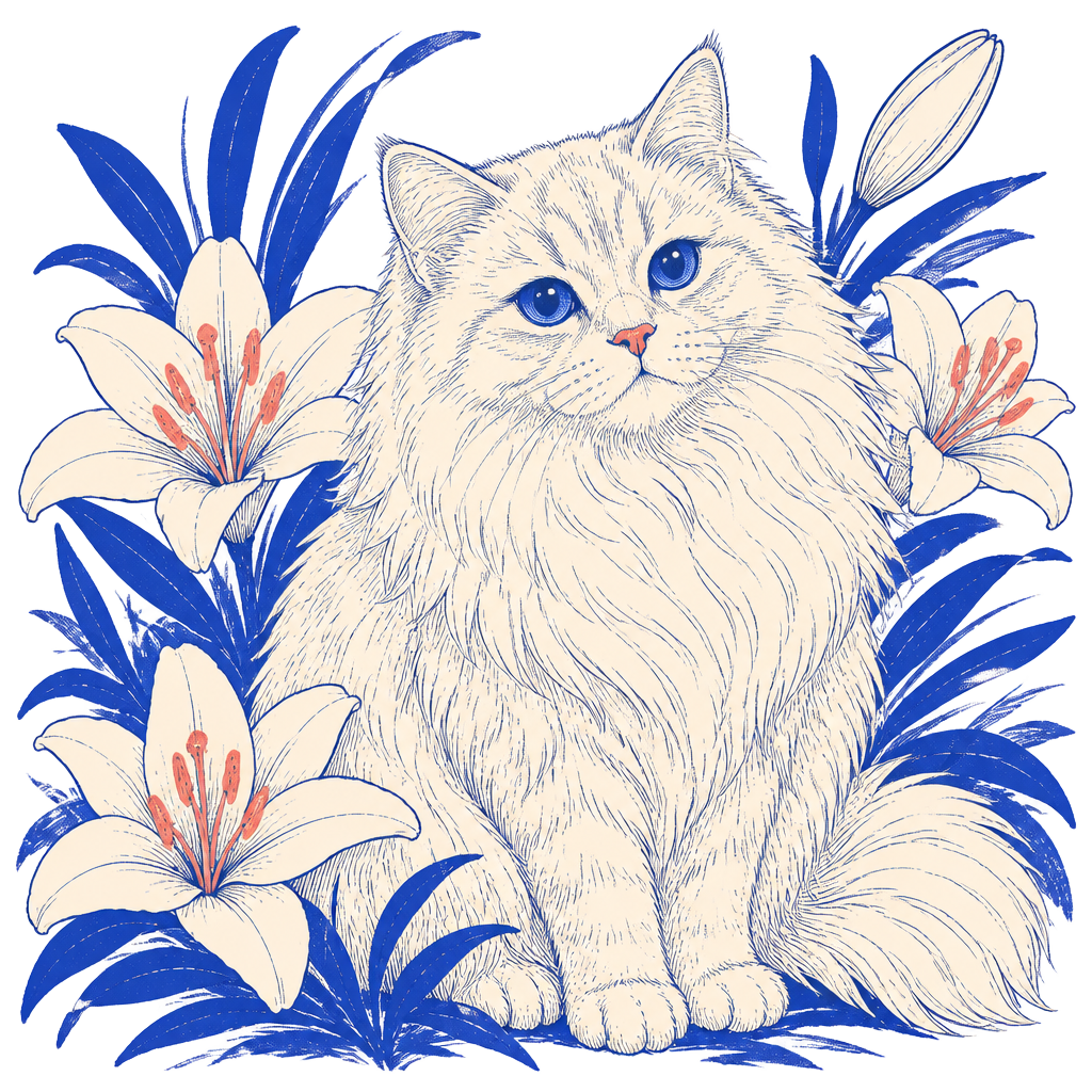 Ink drawing of a fluffy cream cat holding a peony