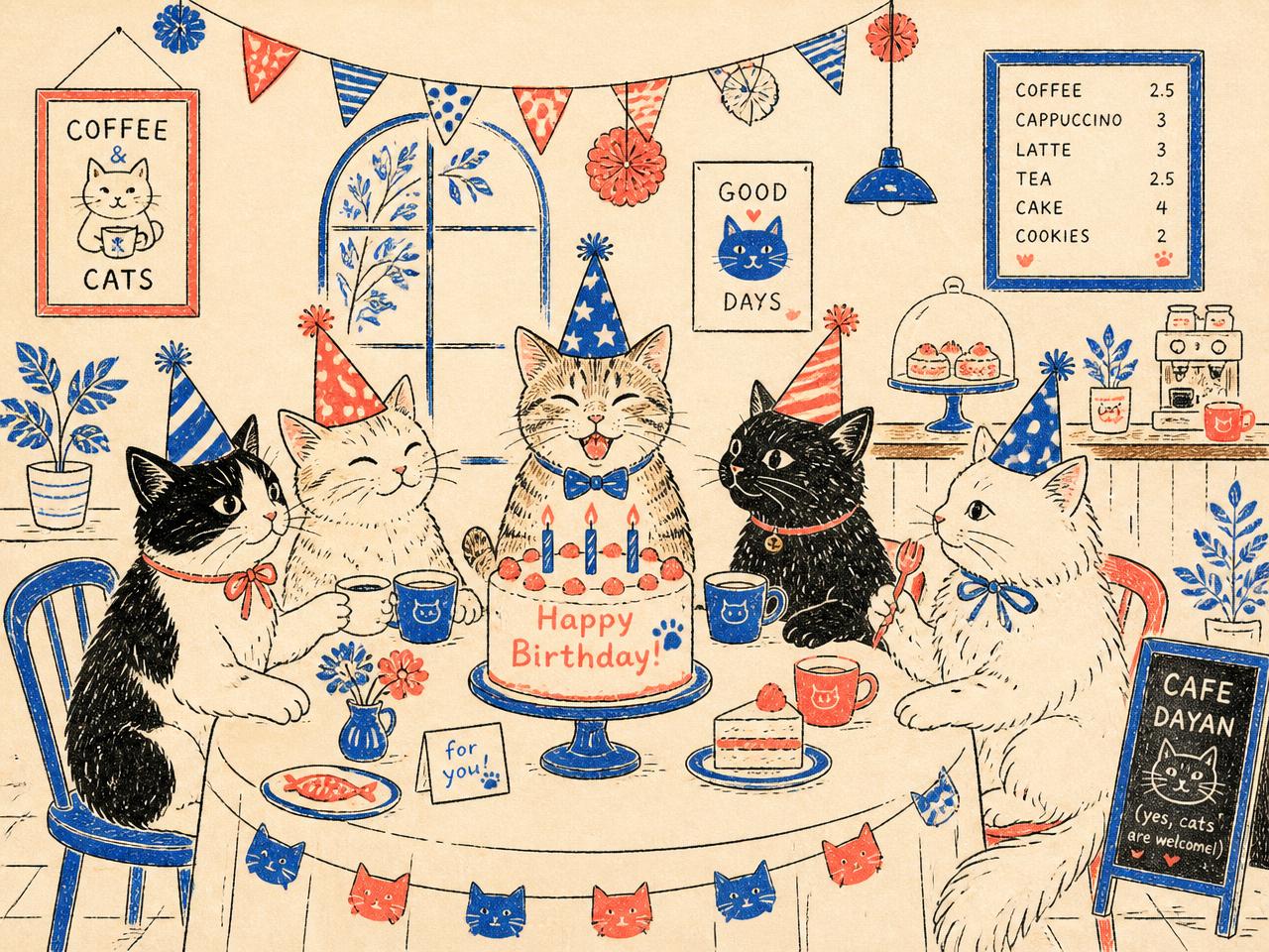 Ink illustration of a birthday party at a cat cafe with balloons and cake