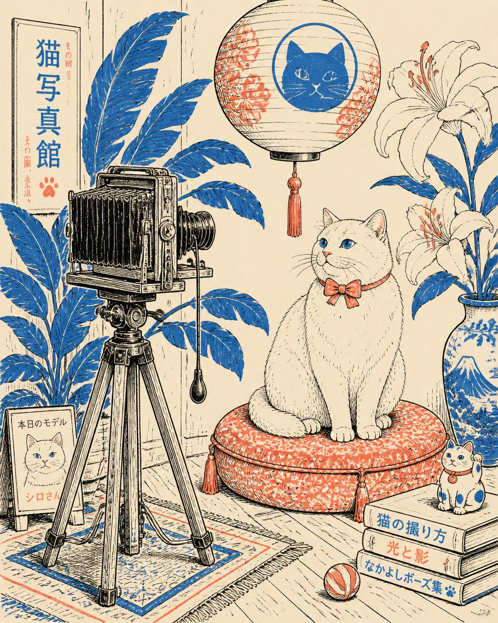Illustration of a white cat posing on a silk cushion in front of an antique camera